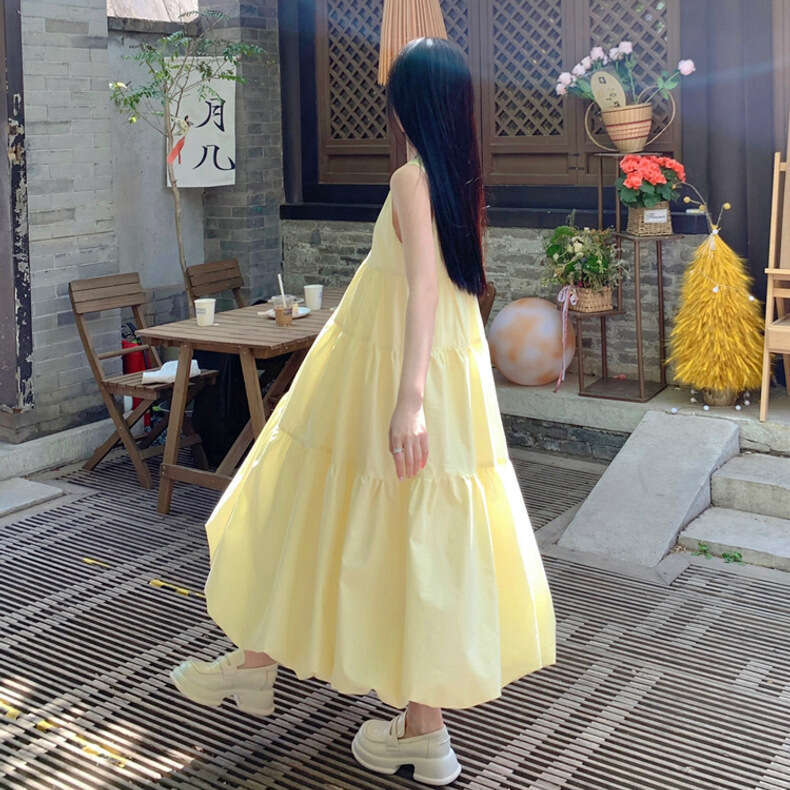 French Style High-End V-Neck Sleeveless Puff For Women, Summer Elegant Loose Fit, Tummy-Covering Slimming Long Dress B5