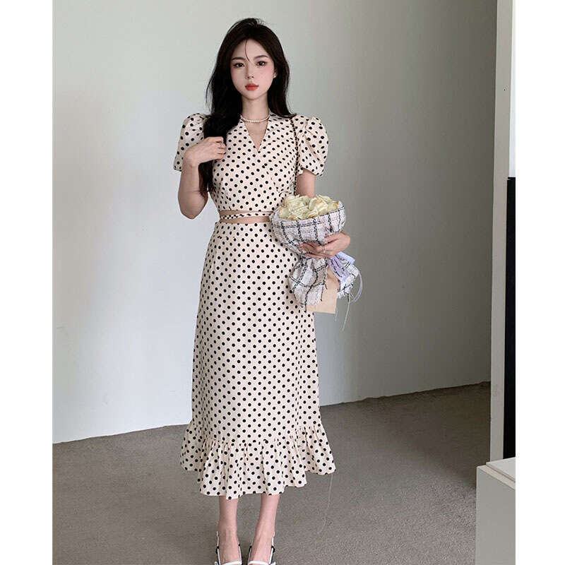 Summer New Trendy Petite Slimming High-End Bubble Sleeve Polka Dot Top And Skirt Two-Piece Set B5