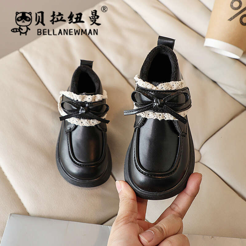 Girls' Bow Lace Leather Short 2024 Winter New Children's Double Cotton Princess Shoes Fashion Boots