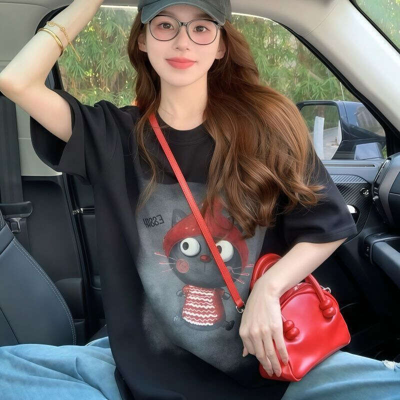 100% Cotton Cartoon Cat Print Round Neck Short Sleeve T-Shirt For Women Summer New Loose Casual Versatile Youthful Top Trendy B5