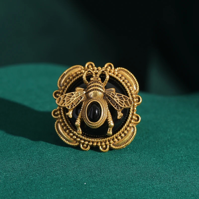 Romantic Gold Color Black Natural Stone Honey Wax Bee Rings for Women Vintage Jewelry Accessories y Girl Item Wedding 250712