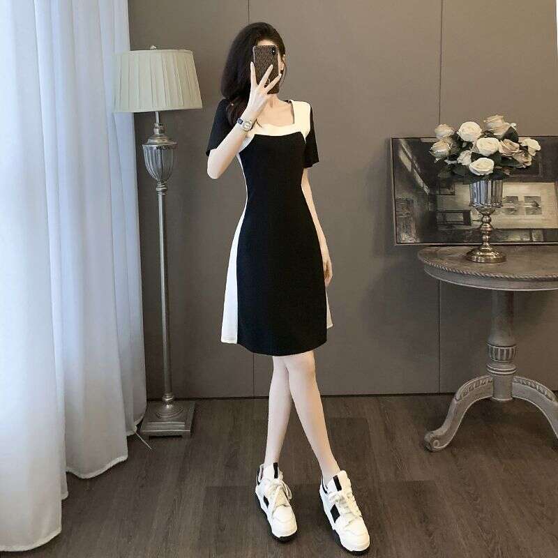 High-End And White Patchwork Square Neck Little Black For Women, Summer New Small Size Waist-Cinching Slimming Dress B5