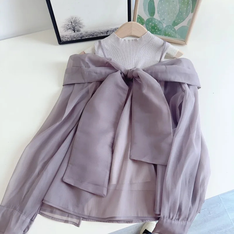 Neploe Sweet Voile Bow Patchwork Sets Slingo Neck Knit Off Shoulder Vest Jumper Japan Moda Elegant Suits Ruched Pullovers 250708