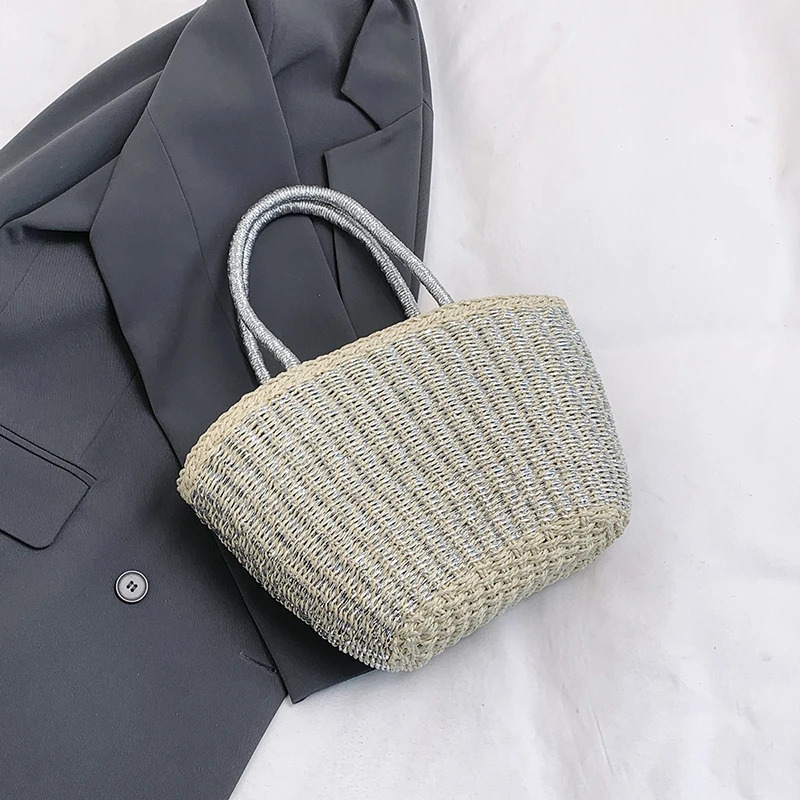 Summer Handmade Bags for Women Beach Weaving Ladies Silver Straw Beach Bag Top Handle Handbags Basket Female Shopping Bag 250704
