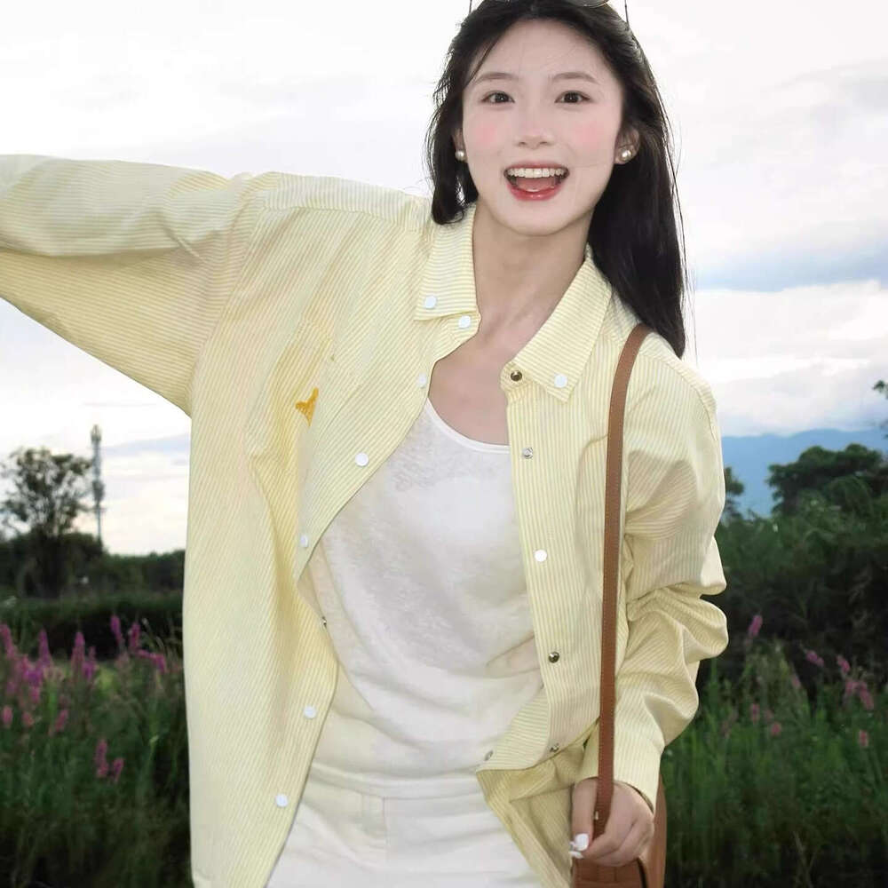 American Style Striped Shirt For Women With Design Sense, Dog Embroidery, Yellow Loose Sun Protection Jacket, Dopamine Top B5
