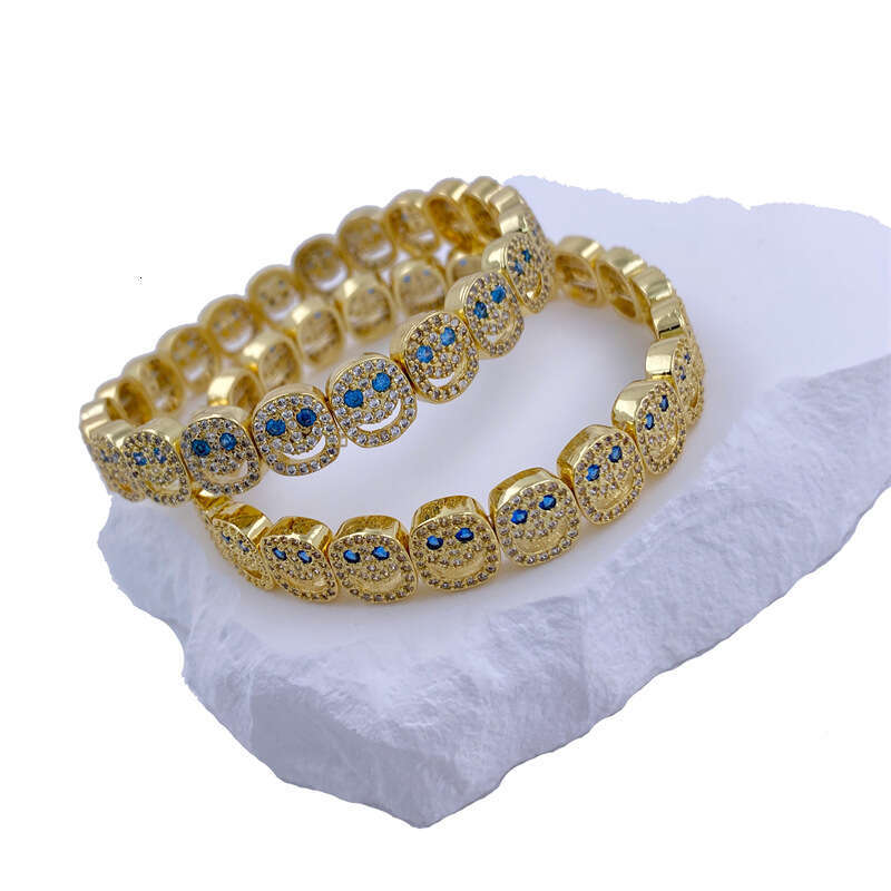 Personalized Hip-Hop Style Micro-Inlaid Smiley Face Elastic Copper Color Zircon Trendy Expression Bracelet for Couples