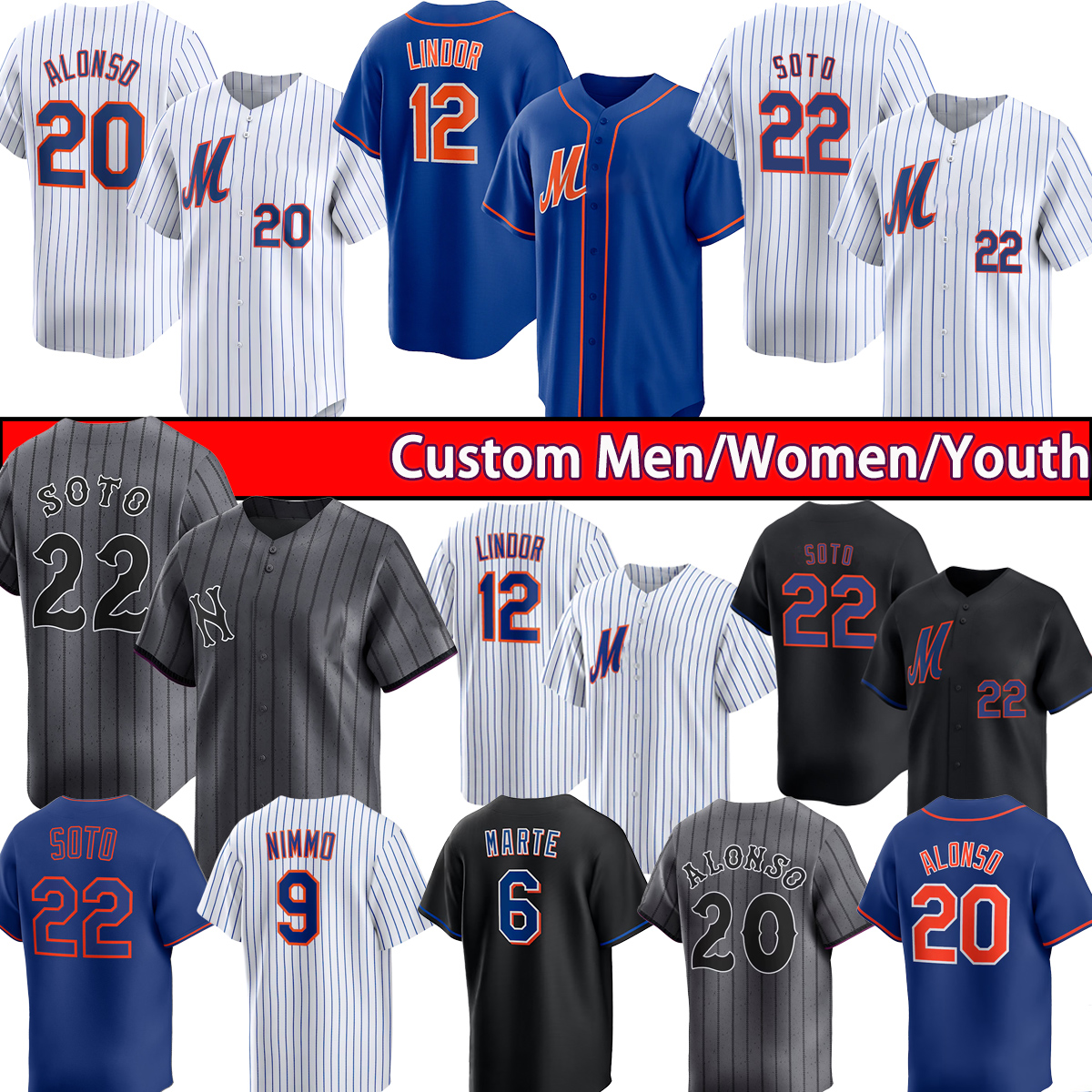 Juan Soto, Francisco Lindor, Pete Alonso, Mets Baseball Maglie Jeff Mcneil, Bra…