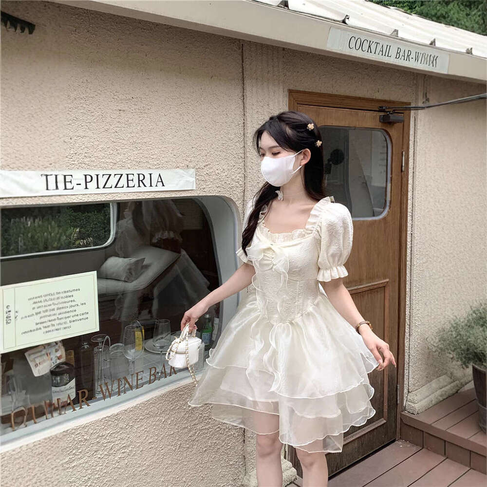 Sweet Fairy Princess Style Ruffled Square Neck For Women Summer New Short Sleeve Waist-Cinching Puffy Cake Dress B5
