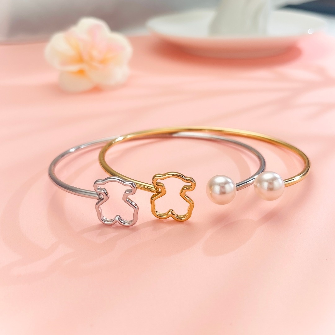 Fashion Women Men Silver Gold Bear Stainless Steel Pink White Green Pink Bead Animal Open Bangle Bracelets Jewelry Pulsera Gift
