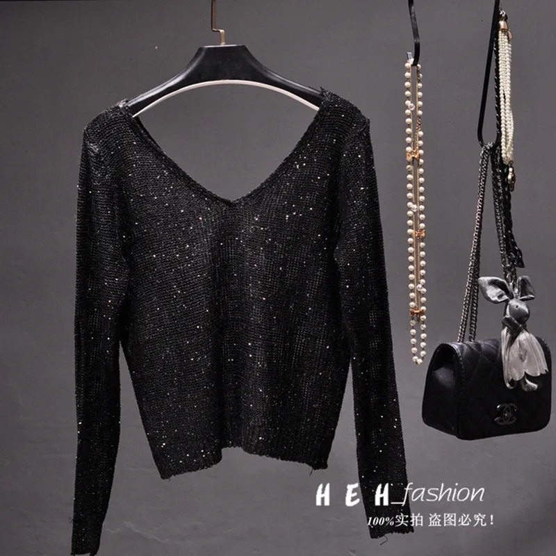 Sequined Double V-Neck Slim Fit Slim Knit Sweater Sparkling Sexy Hollow Bottom Long Sleeve Off-the-Shoulder Top 250708