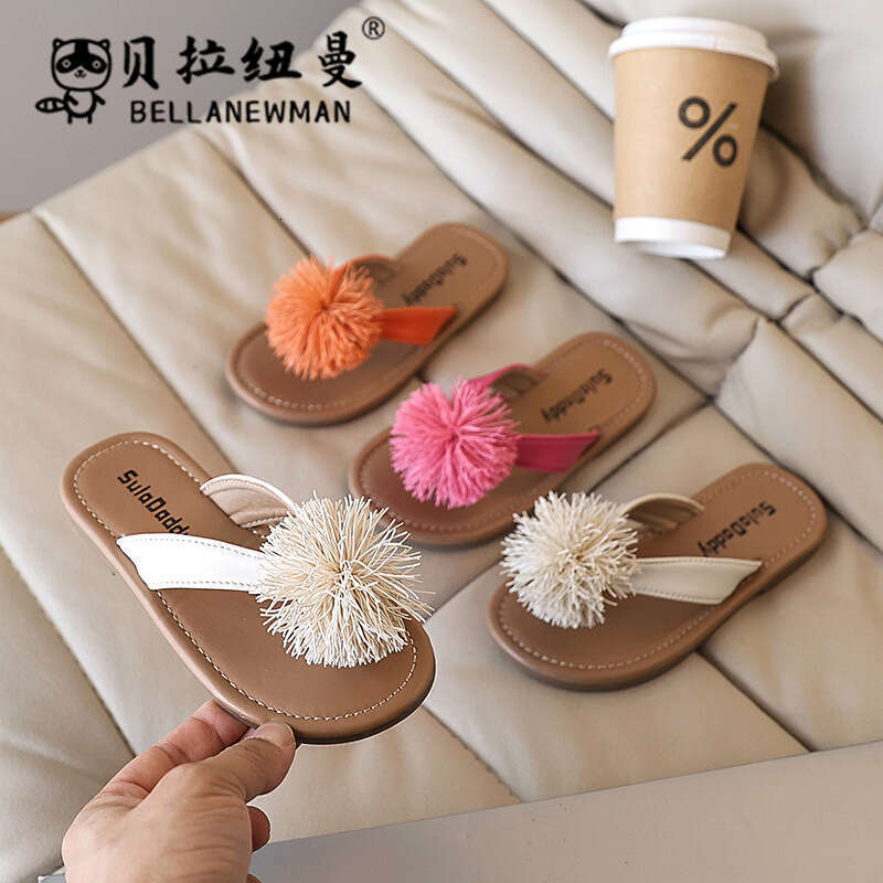SHEIN Niche Design Furry Ball Flip-Flops 2025 Summer New Korean Style Girls' Fashion Lightweight Sandals