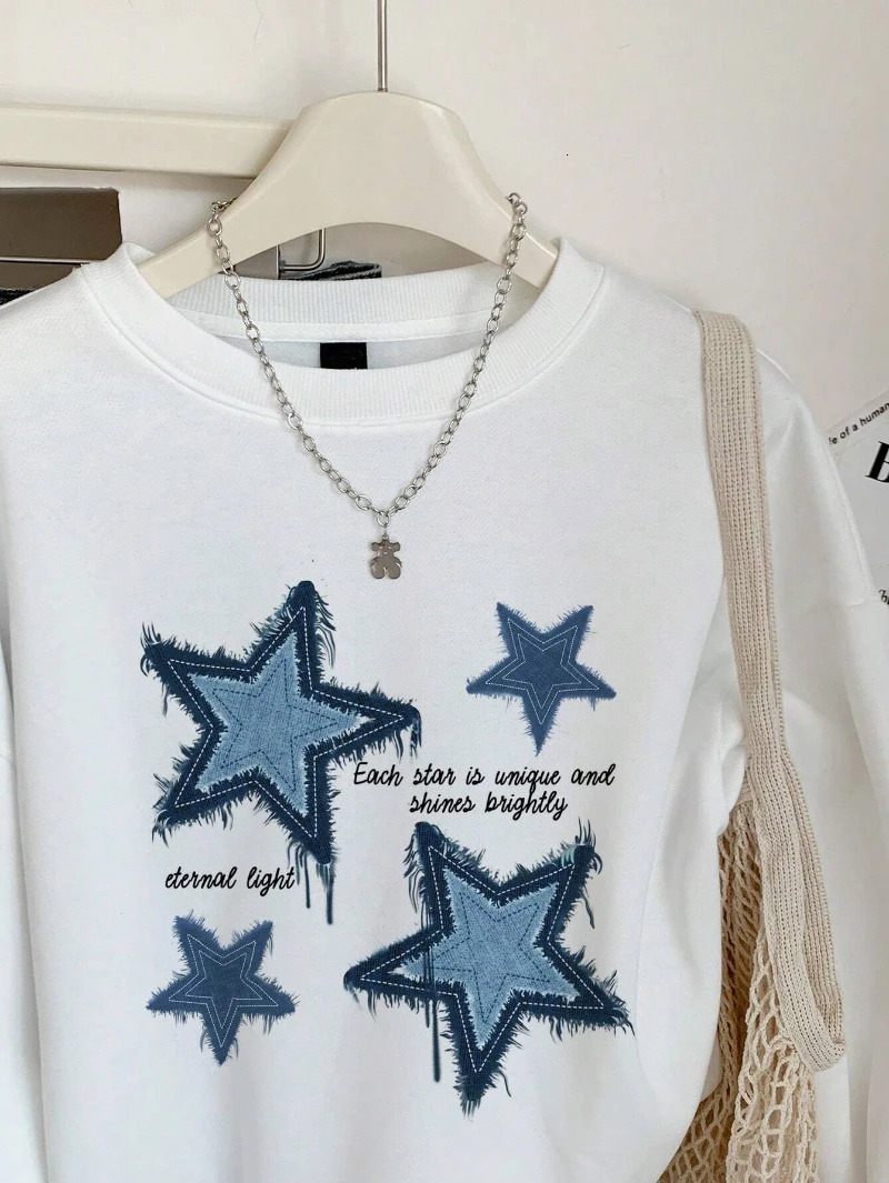 Street Women Sweatshirts Denim Prints Star Graphic Pullover Fashion Loose Crewneck Hoodie Warm Fleece Female Clothes 250707