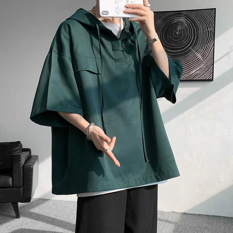 5 Colors Summer Hooded T-shirt Men Korean Half Sleeve Pullover Streetwear Loose T-shirt Tops Drawstring Men Clothing T250714