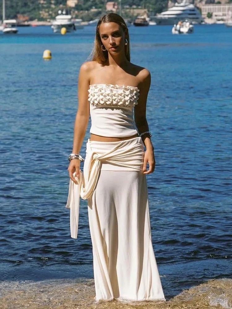 3D Flower Strapless Top Twisted Long Skirt Set Slim Fit Vest Blouse Ribbon Lace Up High Waist Crop Yarn Wrap Hip Skirts Women 250711