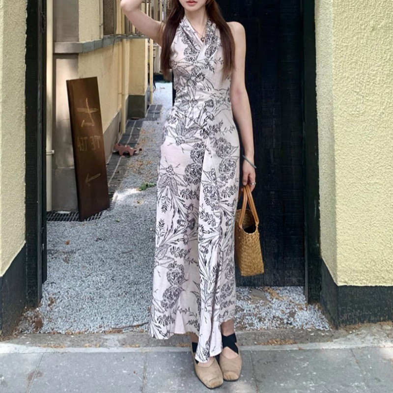 2025 New women's dress, new fashionable Chinese style printed cross strap sleeveless dress, Chinese ink painting style, new designer dress