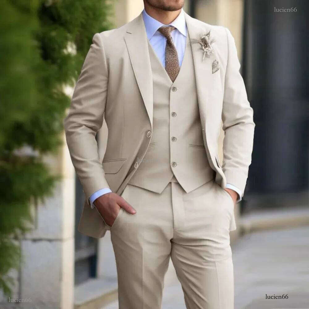 Beige Men Suit 3 Pieces Fashion Slim Fit Blazer Vest Pants Set Classic Formal Business Wedding Tuxedos for Men Casual Clothing 241119