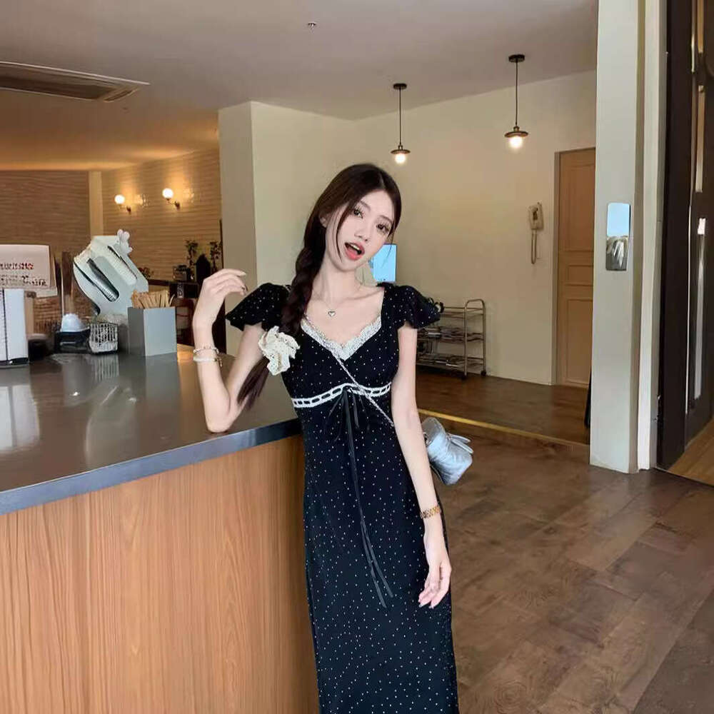 Polka Dot Black A-Line Women's Summer Design Slim Fit Elegant Umbrella French Style Long Dress Women B5