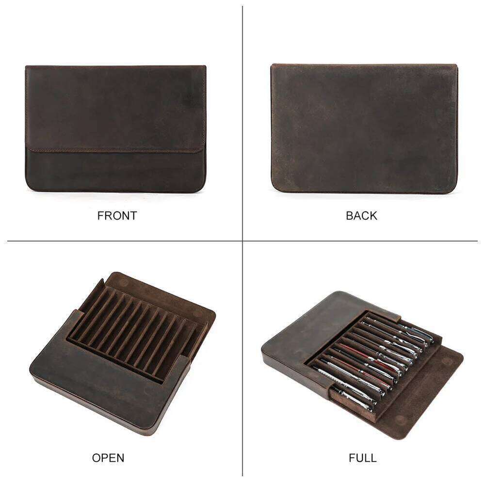 Genuine Leather 12 Slots Fountain Case Box Office School Stationery Storage Pouch Holder with Removable Pen Tray