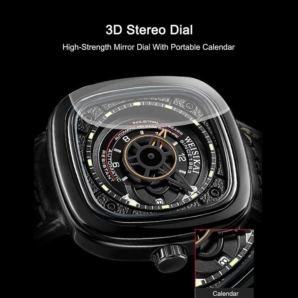 DHgargets Explorer Series Men's Square Watch - Automatic Mechanical, Luminous, Date, Waterproof 30M, Leather Strap, Sporty Men's Wristwatch 