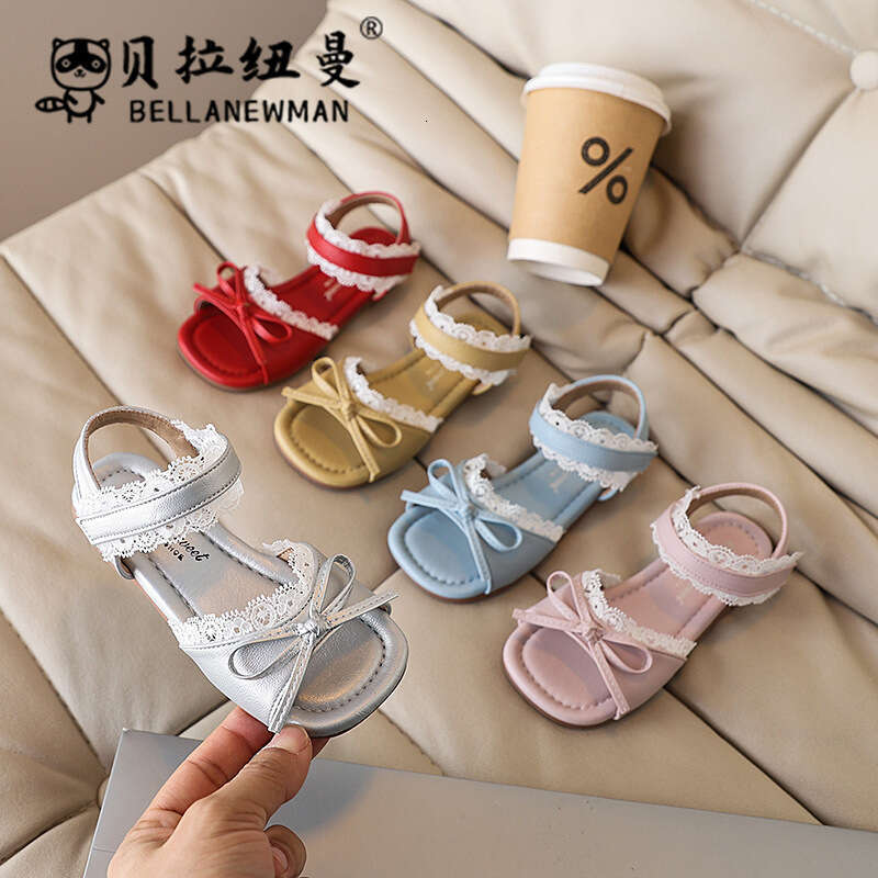 French Style One-Strap Bow Princess 2025 Summer New Children's Lace Edge Soft Sole Sandals