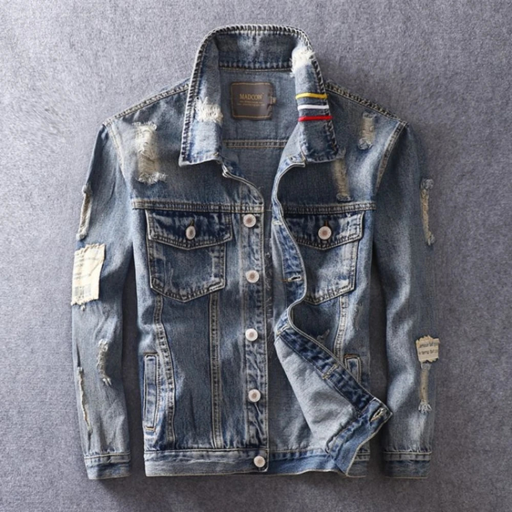 Denim Jackets Man with Embroidery Ripped Cowboy Coat for Men Hole Oversize Autumn Joker Low Price of Fabric Size L Clothing Rock 250704