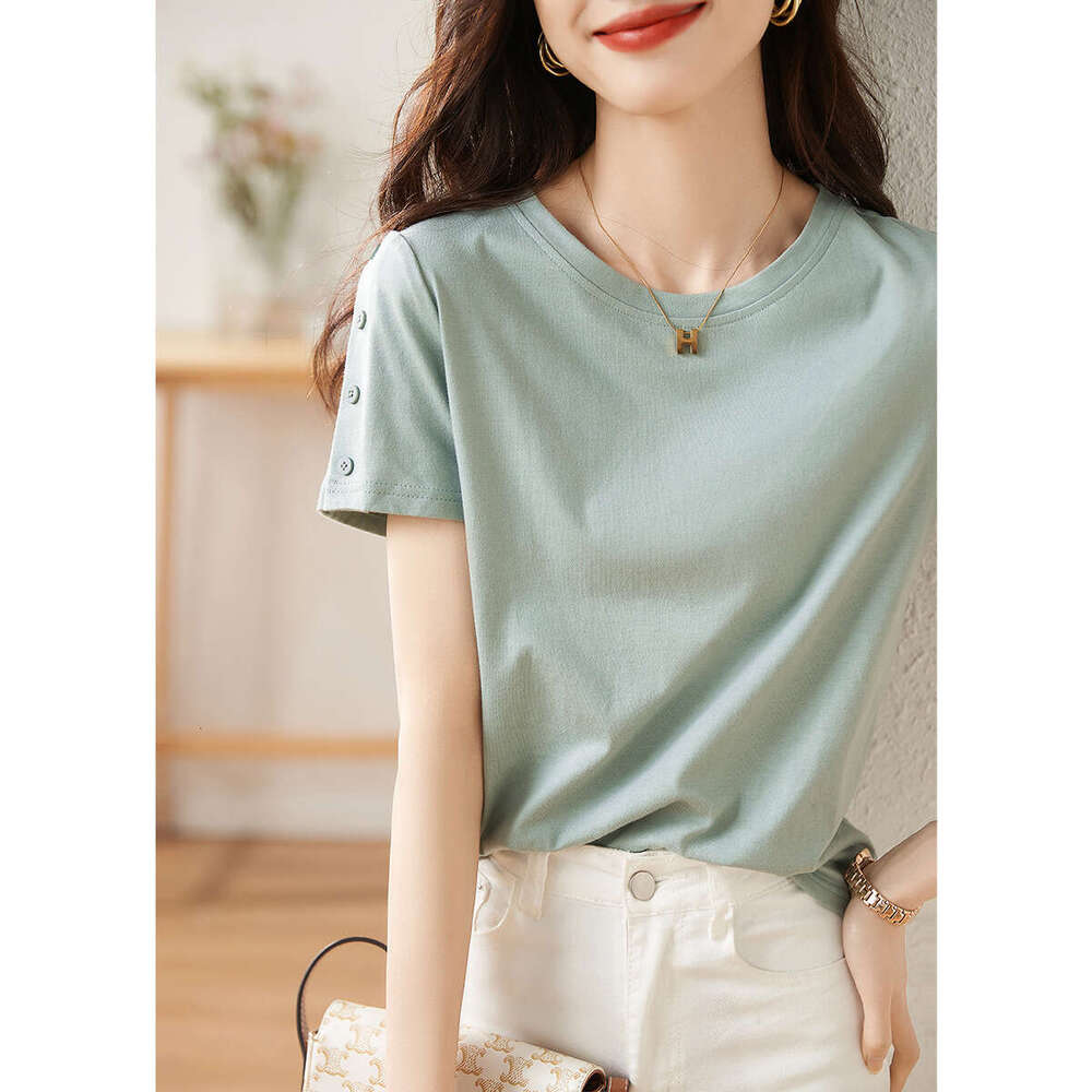 100% Cotton Mint Green Button Short Sleeve T-Shirt For Women Summer New Simple Fashion Commuter Solid Color Plus Size Top B5 h7
