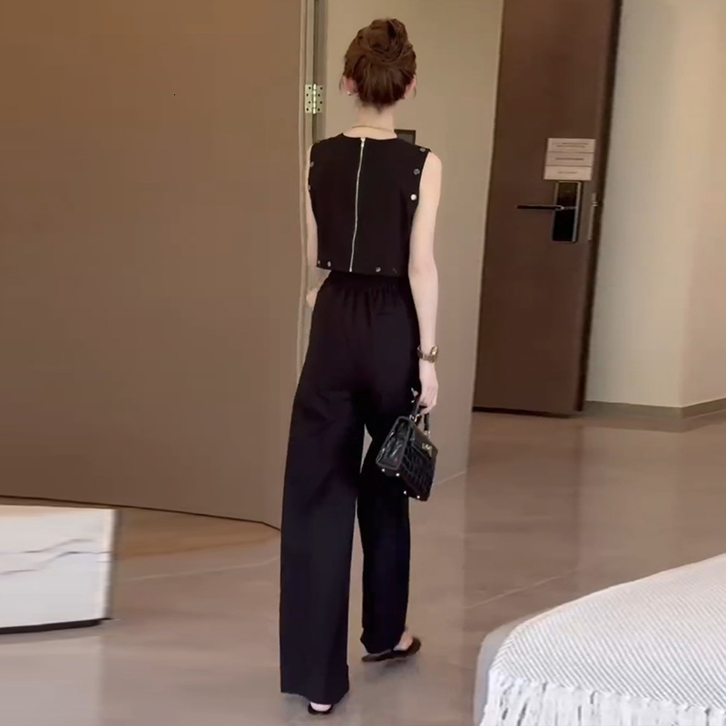 White Casual Fashion Sleeveless Set for Women Summer High-End Vest Top Wide-Leg Pants Two-Piece Set 241127
