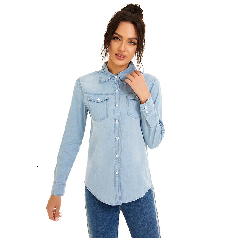 Streetwear Light Blue Cotton Thin Basic Shirts Jeans Woman 2024 Spring Long Sleeve Denim Blouses Ladies Tops Clothes 250704