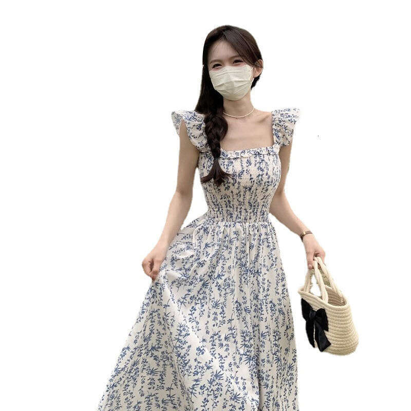 French Style Sleeveless Square Neck Strap For Women Summer New Waist-Cinching Slimming A-Line Midi Dress B5