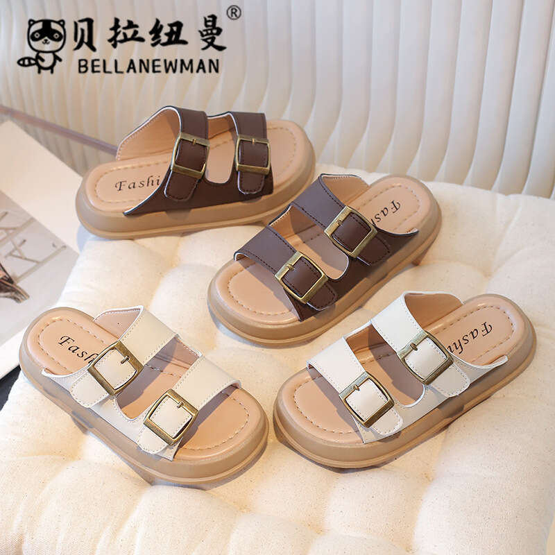 Children's Leather Casual Sandals 2025 Summer New Big Kids One-Strap Slippers Student Beach Shoes