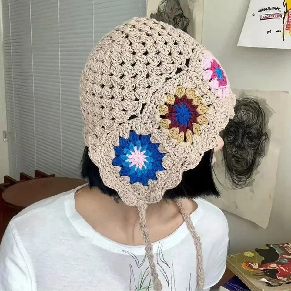 Breathable Sunscreen Hollowed Out Knitted Hat Casual Summer Skullies Fashion Flowers Beret Cap for Women 250704
