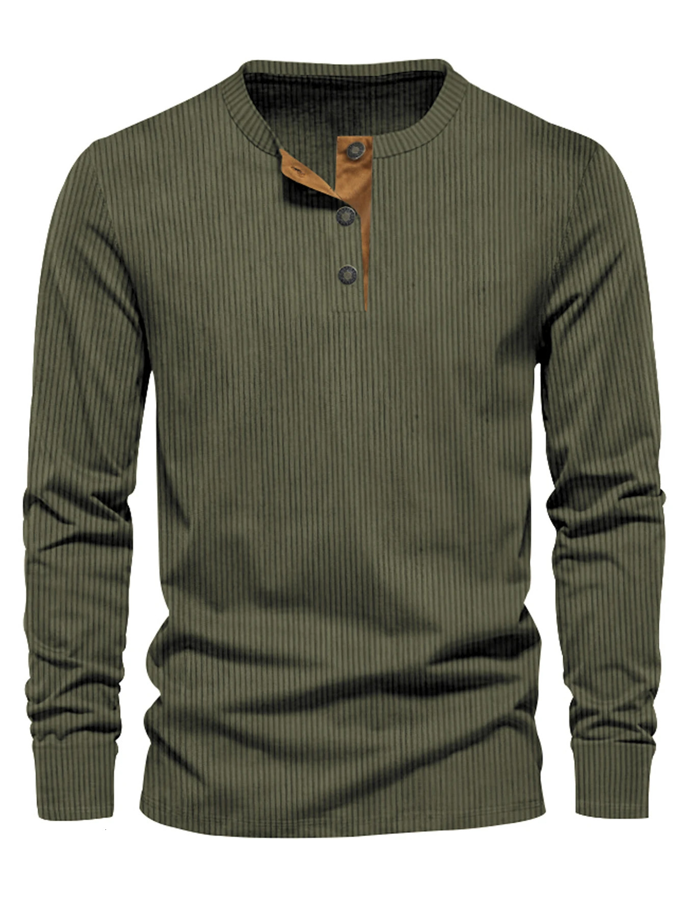 2024 Spring and Autumn Crossborder Mens Independent Station Corduroy Casual Henry Slim Solid Color Long Sleeve TShirt 250707