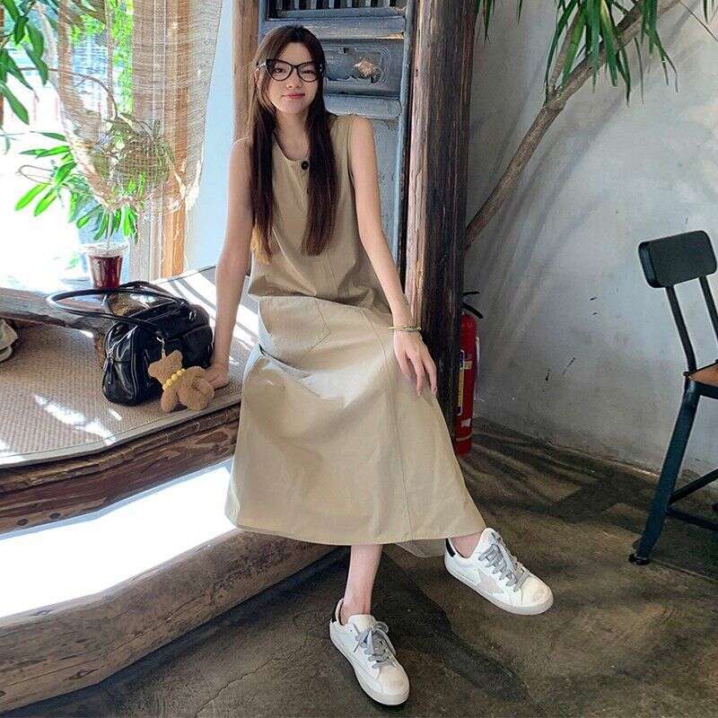 High-End Elegant Sleeveless Vest For Women Summer New Lazy Style Loose Slimming A-Line Long Dress B5
