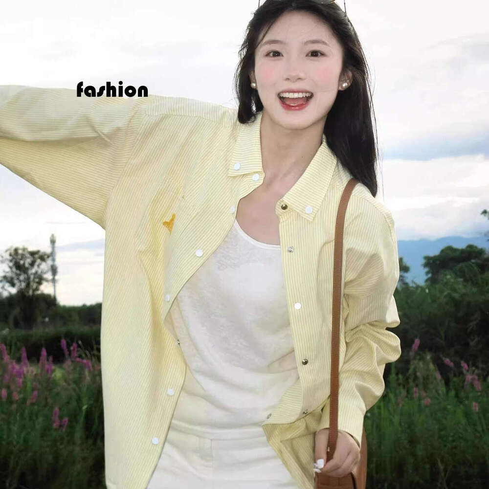 American Style Striped Shirt For Women With Design Sense, Dog Embroidery, Yellow Loose Sun Protection Jacket, Dopamine Top B5 h7