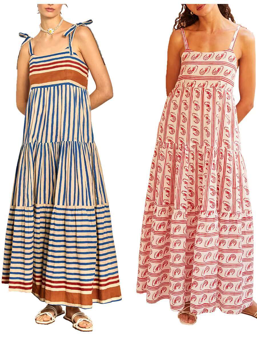 Womens Maxi Summer Casual Sleeveless Open Back Low Cut Flowy Stripe Shrimp Print Dresses 90s Vintage Long Cami Dress dongdumaoyi