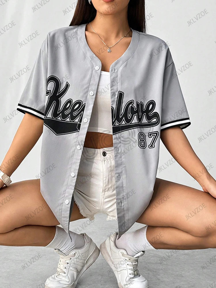 Summer Retro Patchwork Letter Printed Blouse Women Streetwear Baseball Shirt Hip Hop Short Sleeve Baseball Tops 250708