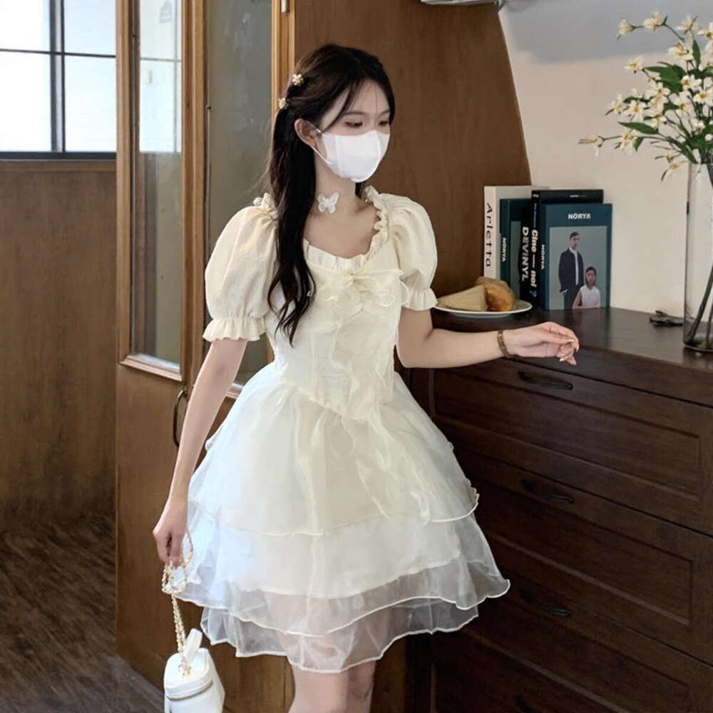 Sweet Fairy Princess Style Ruffled Square Neck For Women Summer New Short Sleeve Waist-Cinching Puffy Cake Dress B5