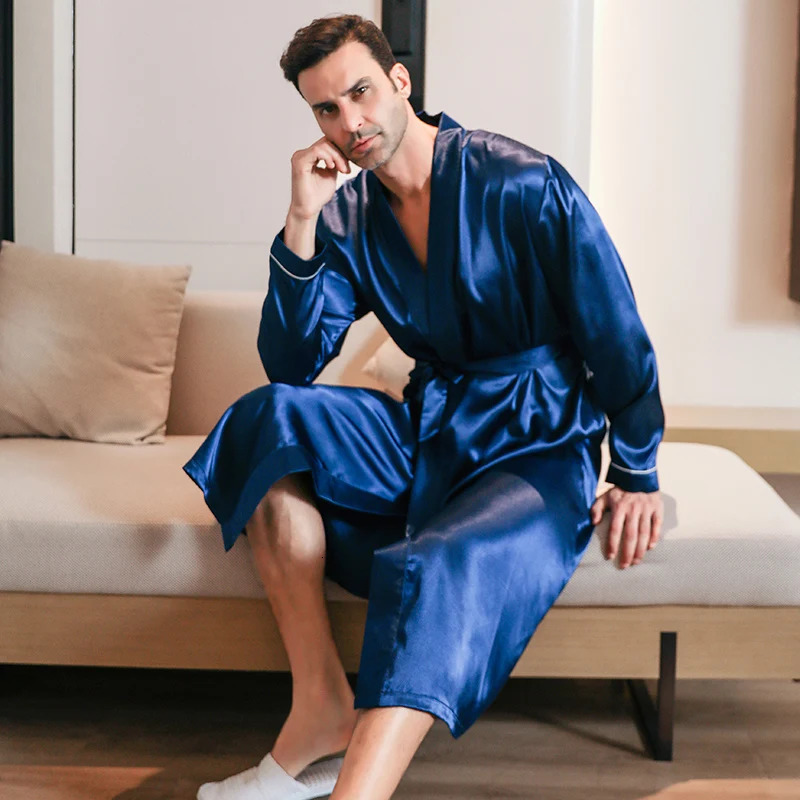 Pajama mens spring and autumn silk thin style oversized pajamas long sleeved bathrobes ice silk bathrobes home clothing summer 250710