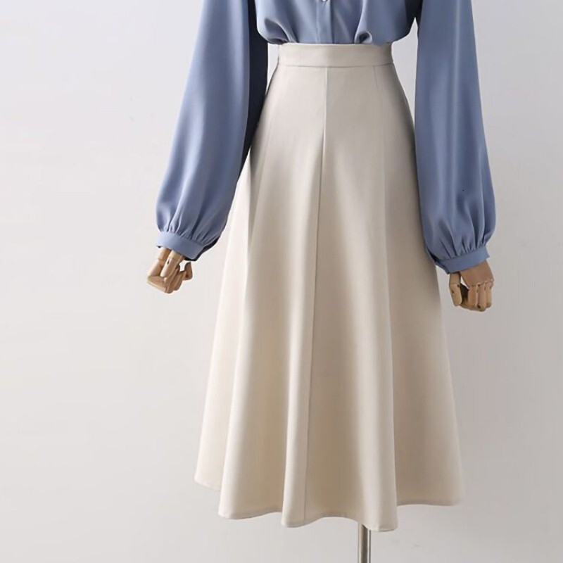 New women's half skirt, Korean style simple high waisted pleated suit skirt, women's four season loose and elegant mid length A-line flared 