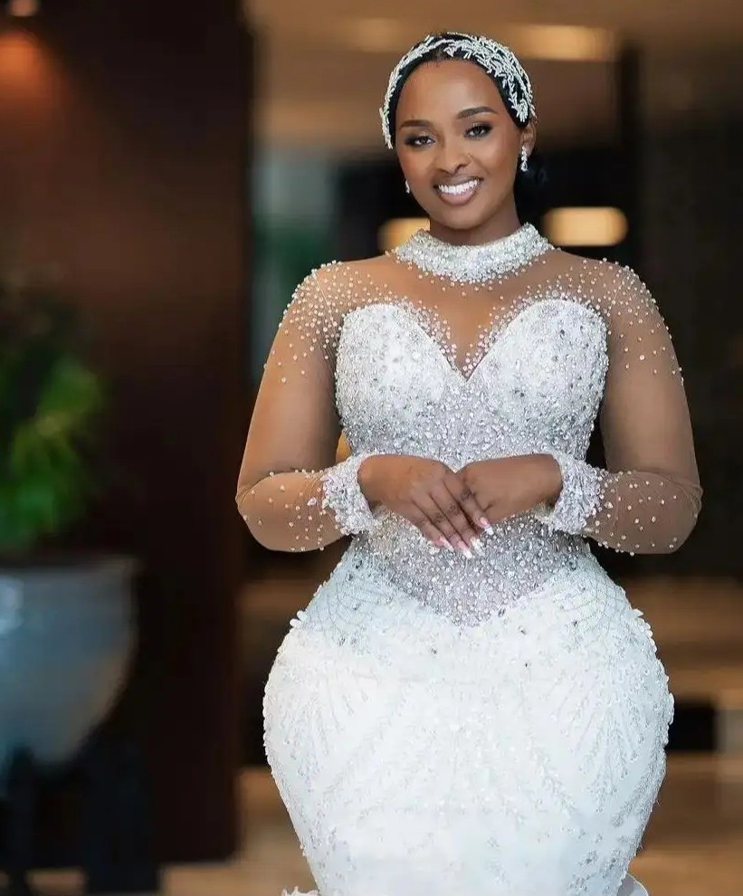 2025 Sparkly Mermaid African Wedding Dress High Neck Crystals Beads Illusion Long Sleeves Ruffles Train Organza Church Bridal Gowns For Bride Vestidos