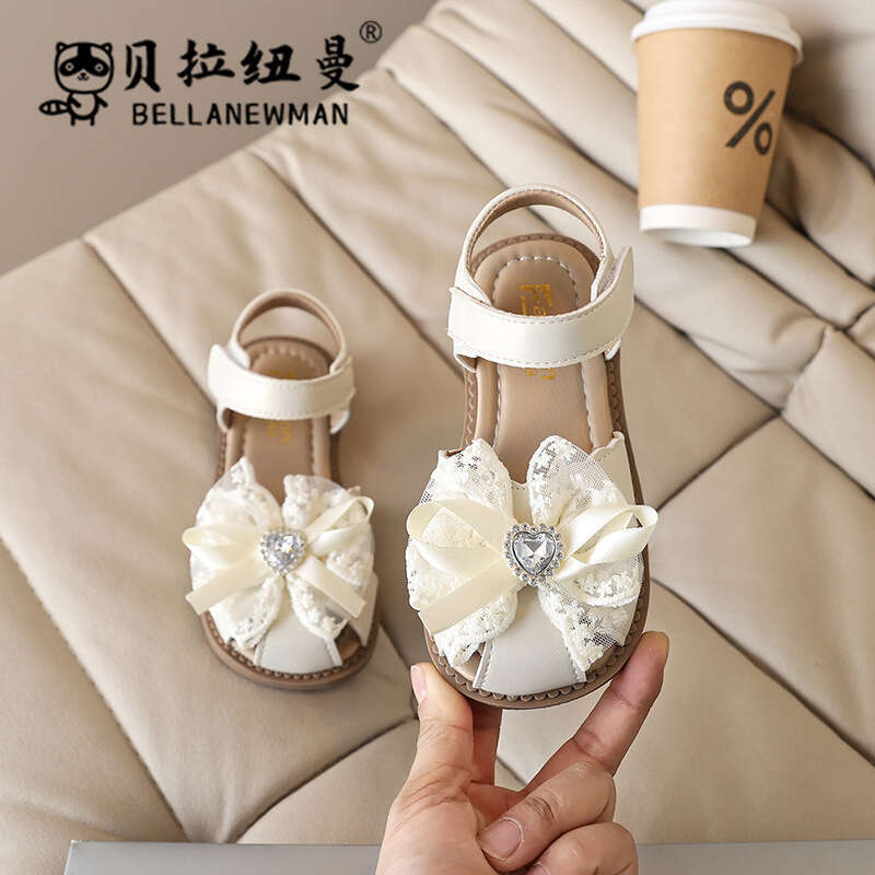 SHEIN Girls' Lace Bowknot Rhinestone Princess Peep-Toe 2025 Summer New Children's Fashion Sandals