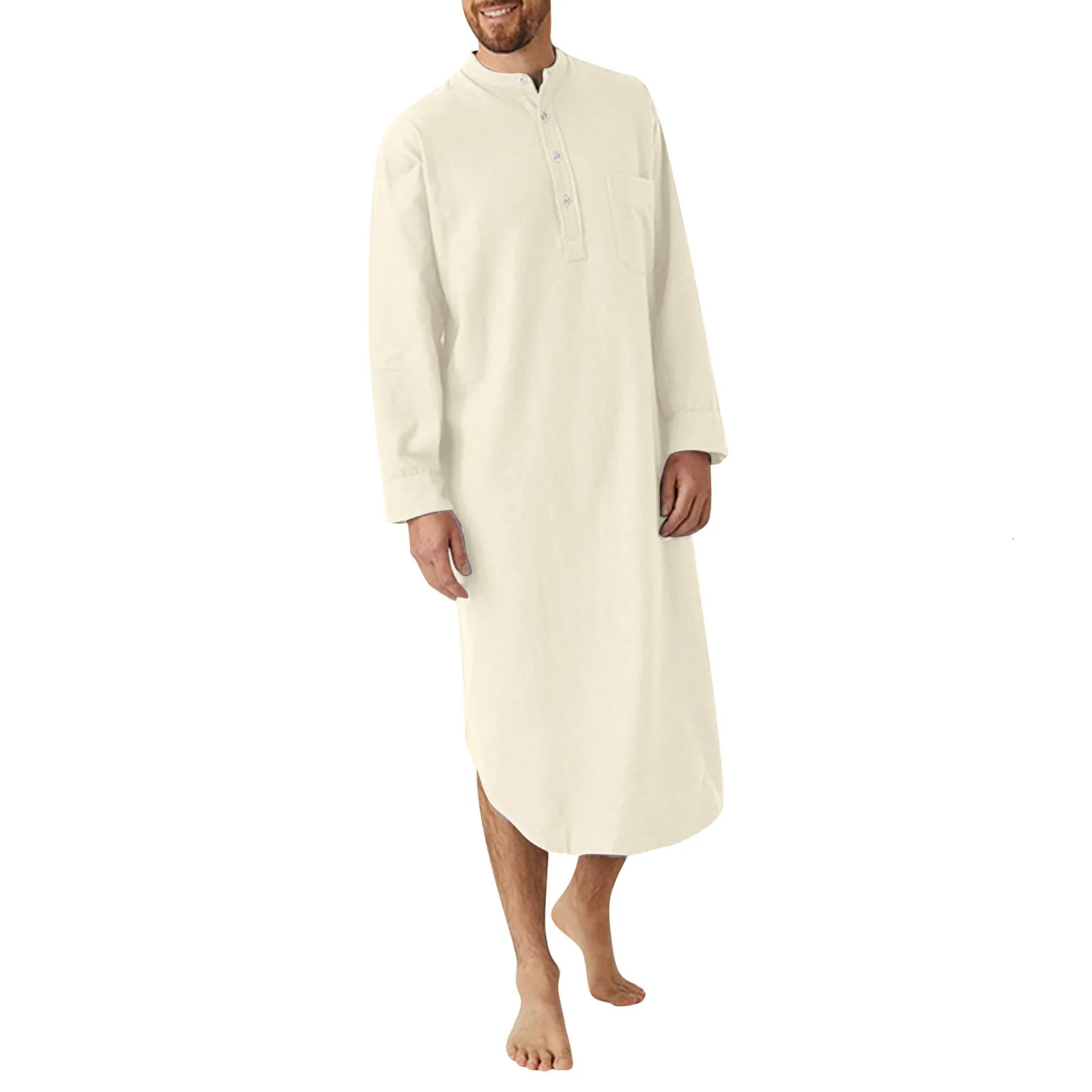 Mens Cotton Button-down Sleep Robe Solid Color Stand Neck Long Sleeve Nightgown Fashion Comfortable Home Wear Loose Bathrobe 250710