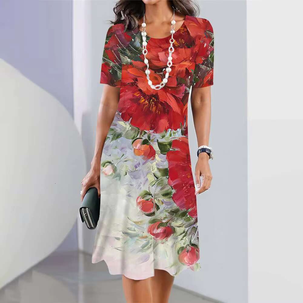 2024 New Spring Floral Printed Elegant Casual Short Sleeve Fashion Oversized Womens Dresses dongdumaoyi
