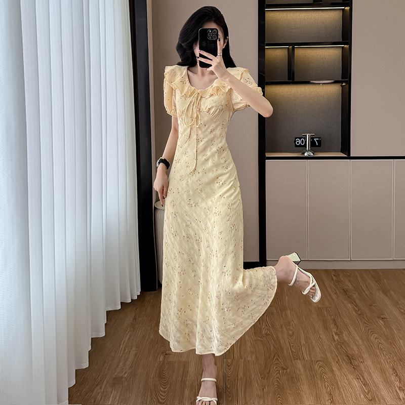 2025 New Women's Dress Summer New Yellow Flower Dress Women's Summer New Ruffle Tie Long Dress New Lace Countryside Style Designer Dress