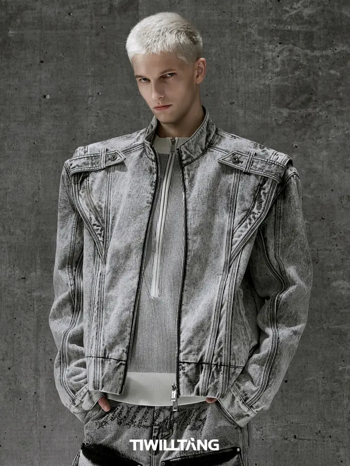 American Retro Denim Jacket Punk Streetwear Old Washing Short Spliced Denim Coat Trend Metal Round-neck Jacket Mens Top 250708