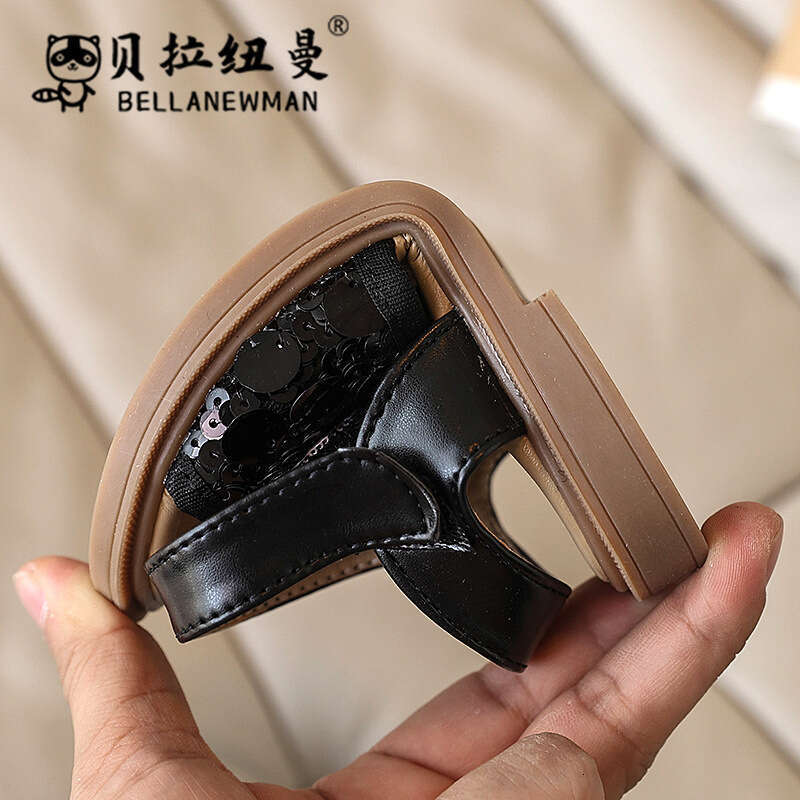 Girls' Fashion Sequin Princess 2025 Summer New Korean Style Children's Soft Sole Beach Black Sandals