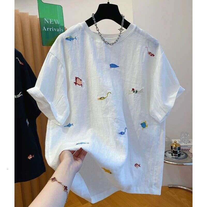 White Animal Embroidery Round Neck Short Sleeve T-Shirt For Women Summer New Loose Casual Korean Style Top B5