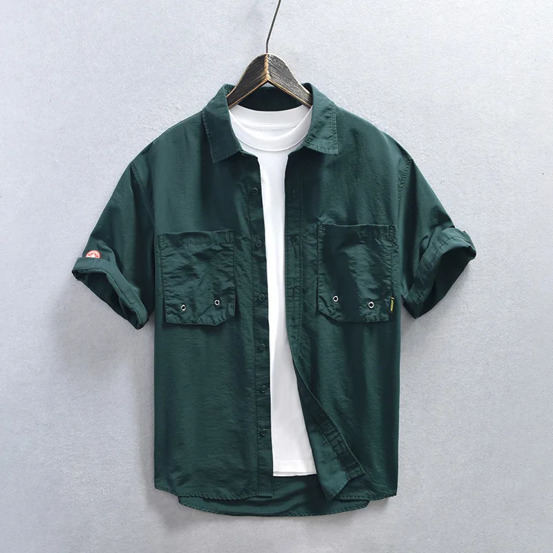 Japanese Style Cargo Shirt Men Summer Short Sleeve Casual Shirts Lapel Double Pockets Youth Streetwear Fashion Loose 250704