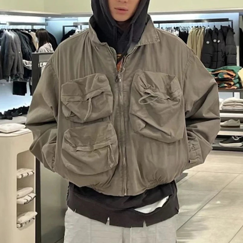 Vintage Multi-pockets Lapel Windbreaker Mens Workwear Jacket High Street Casual Loose Fall Coat Oversized Baggy Unisex Clothes 250708