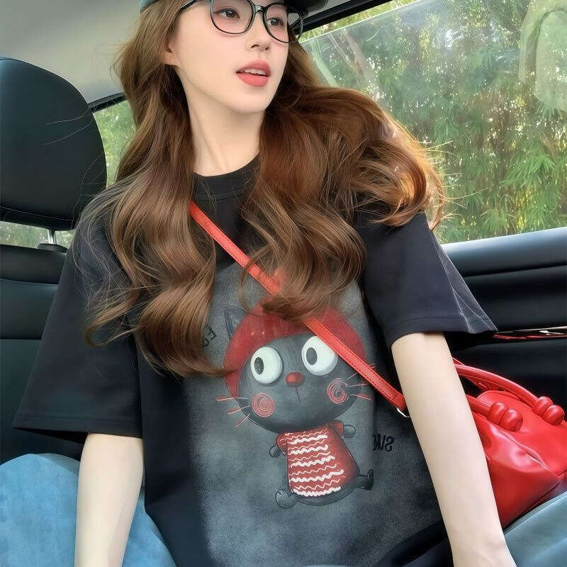 100% Cotton Cartoon Cat Print Round Neck Short Sleeve T-Shirt For Women Summer New Loose Casual Versatile Youthful Top Trendy B5